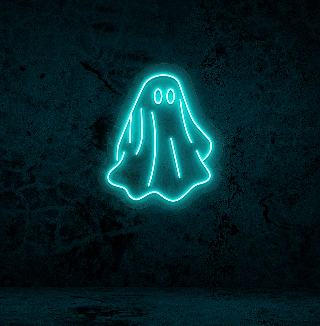 Image of a ghost LED neon sign mounted on a wall in ice blue color.
