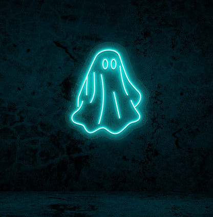 Image of a ghost LED neon sign mounted on a wall in ice blue color.