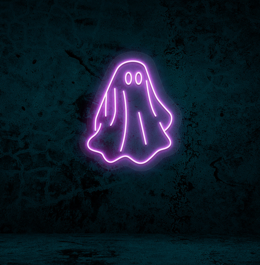 Stylish purple LED ghost neon sign mounted on wall.