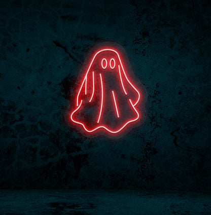 Image of a ghost LED neon sign mounted on a wall in red color.