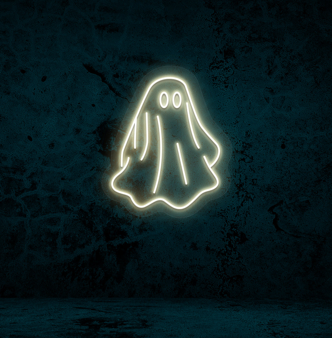 Stylish warm white LED ghost neon sign mounted on wall.