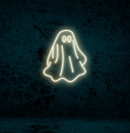 Stylish warm white LED ghost neon sign mounted on wall.