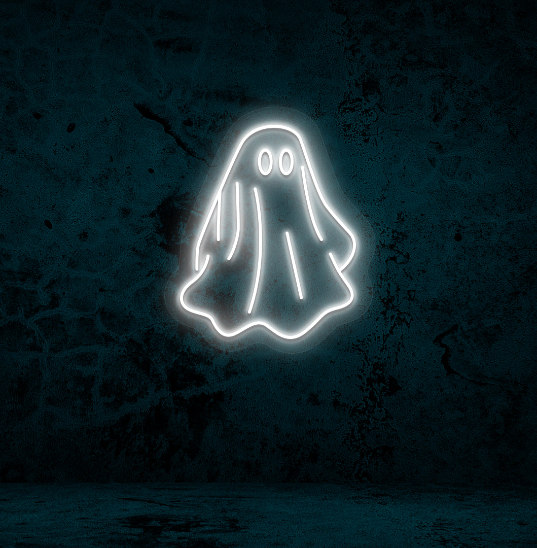 Image of a ghost LED neon sign mounted on a wall in white color.