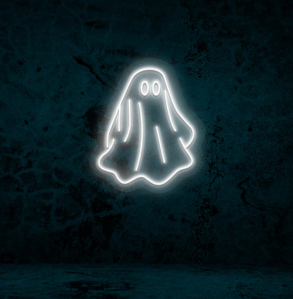 Image of a ghost LED neon sign mounted on a wall in white color.