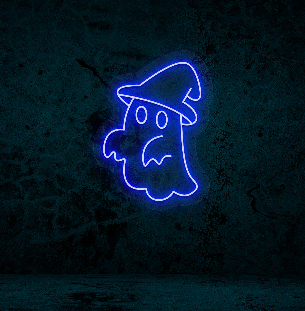 Image of a ghost with hat neon sign glowing on a wall in blue color.