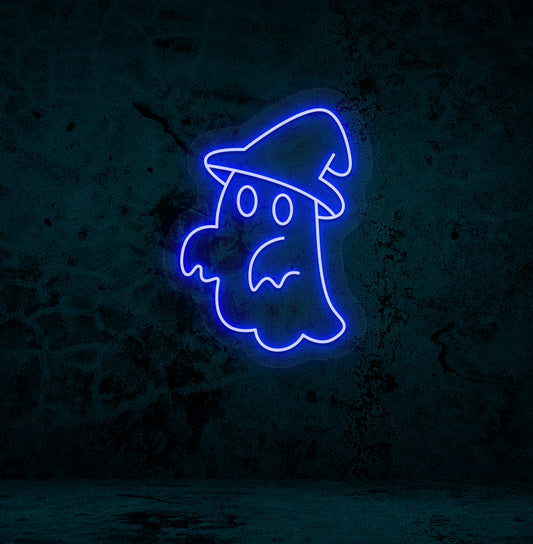 Image of a ghost with hat neon sign glowing on a wall in blue color.