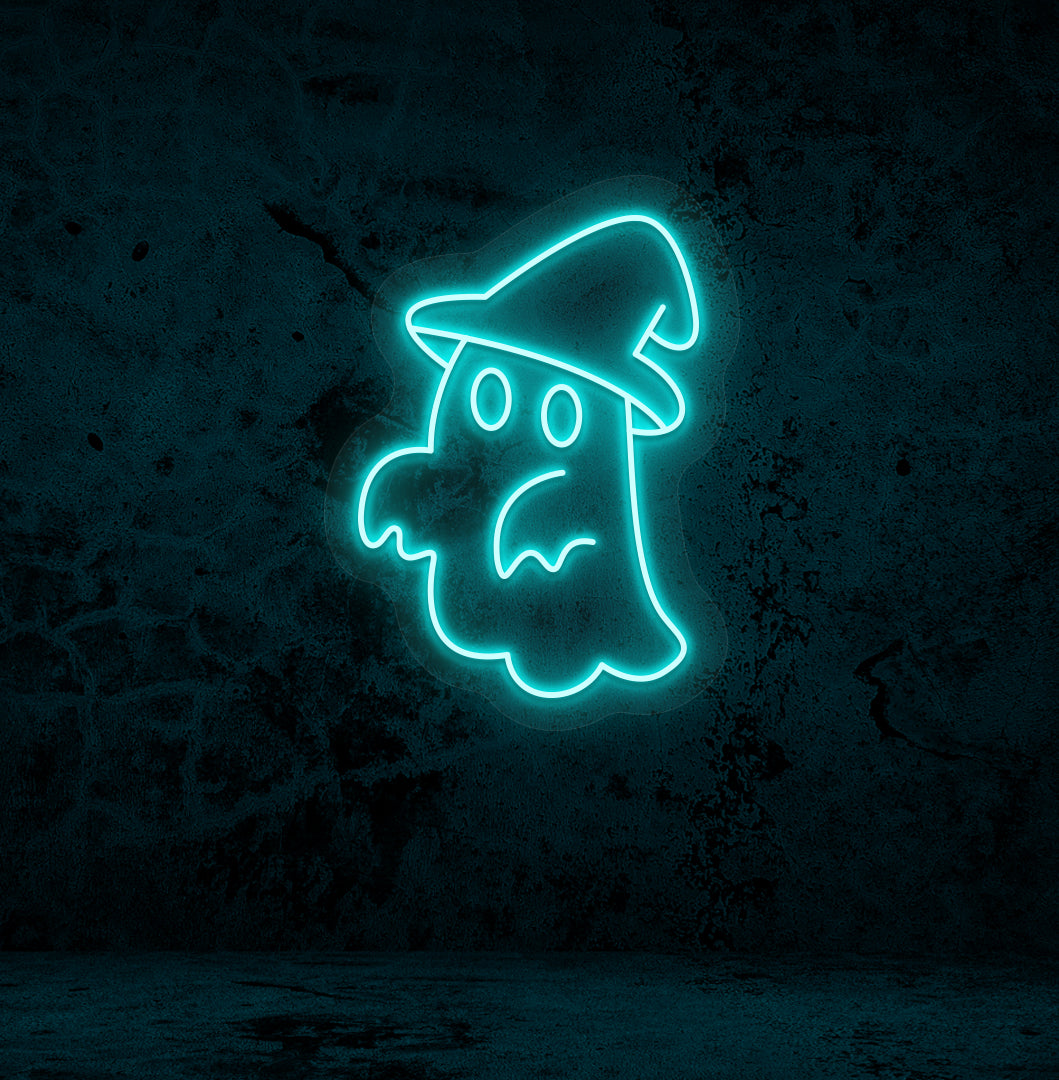 Image of a ghost with hat neon sign glowing on a wall in ice blue color.
