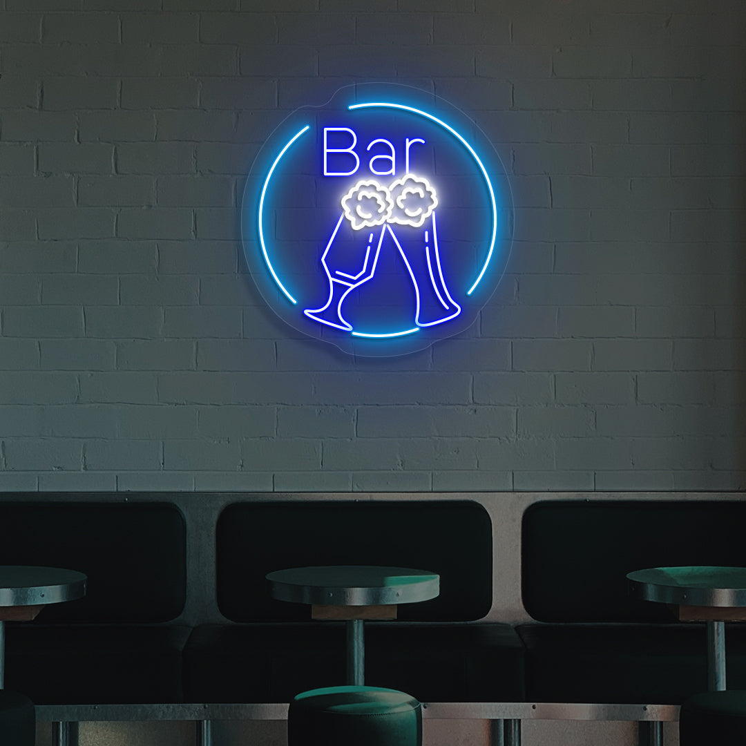 Image of a beer LED neon sign in circle glowing on wall in blue color.
