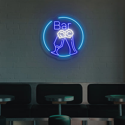 Image of a beer LED neon sign in circle glowing on wall in blue color.