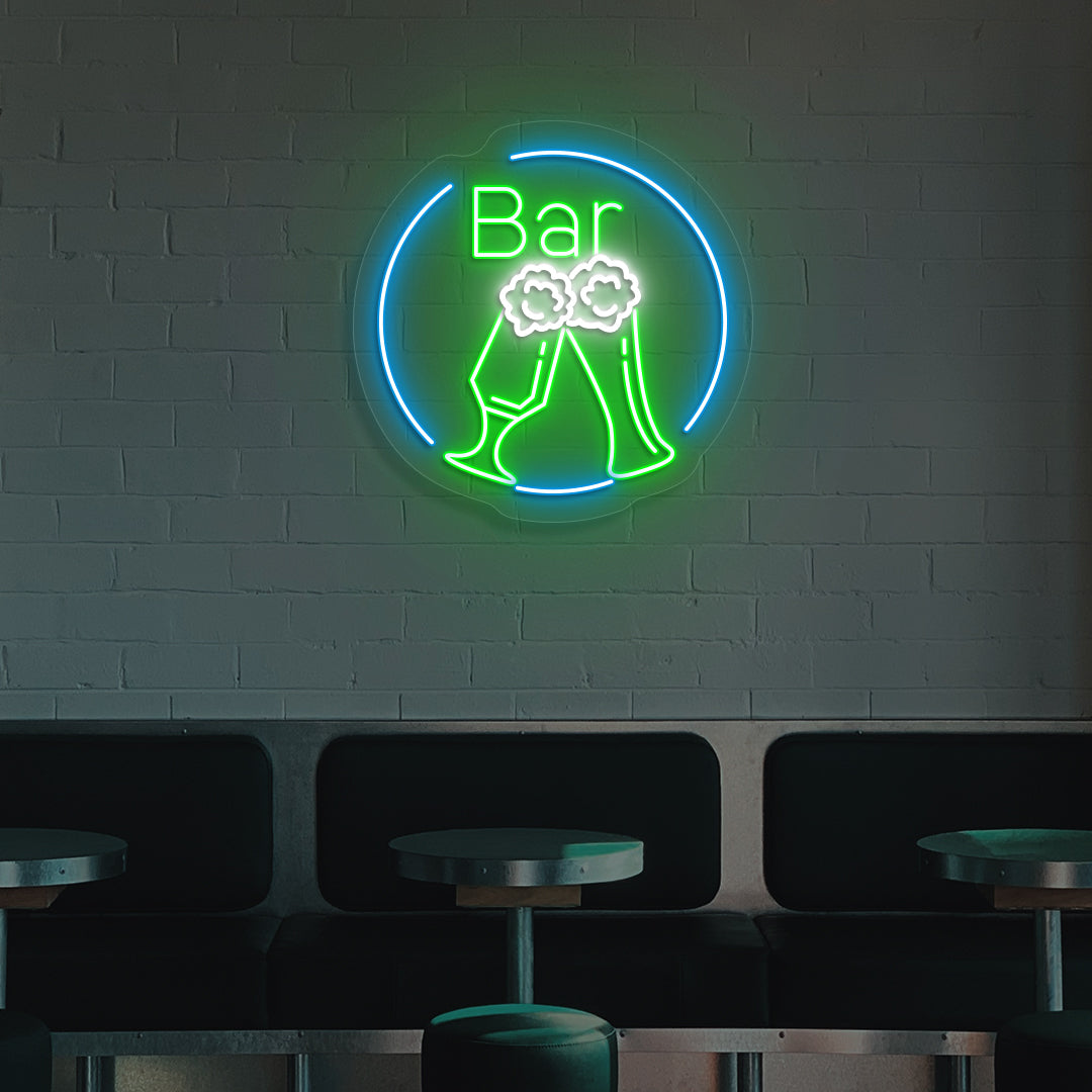 Pub wall with beer neon sign in circle glowing green.