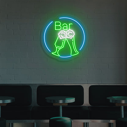 Pub wall with beer neon sign in circle glowing green.