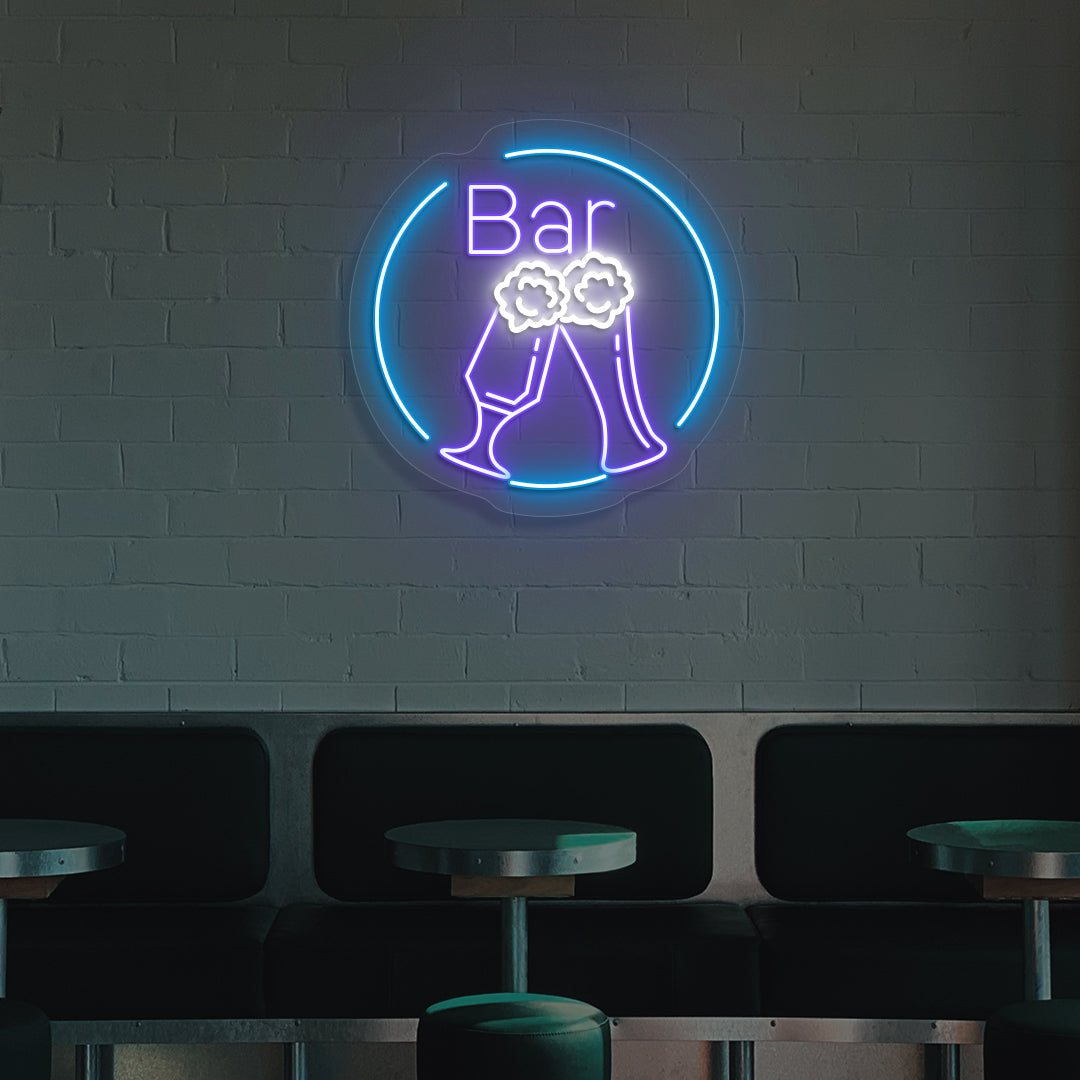 Pub wall with beer neon sign in circle glowing purple.