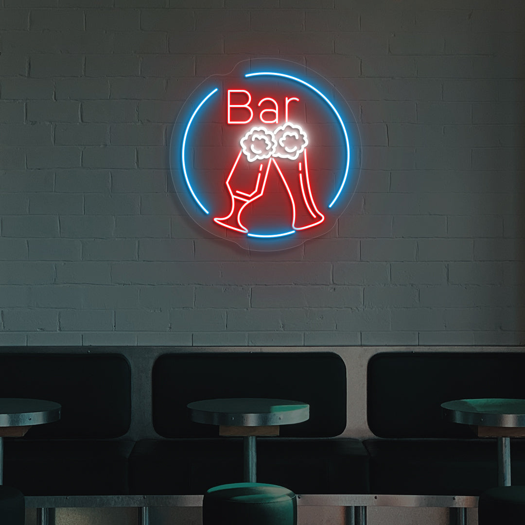 Image of a beer LED neon sign in circle glowing on wall in red color.