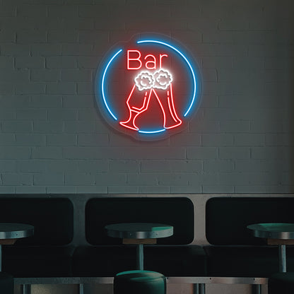 Image of a beer LED neon sign in circle glowing on wall in red color.