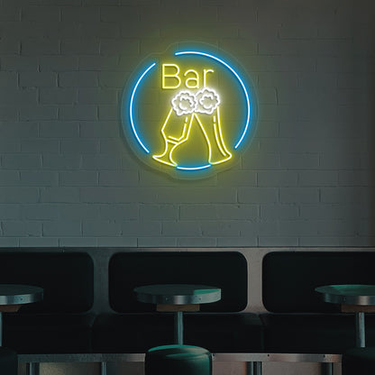 Pub wall with beer neon sign in circle glowing yellow.