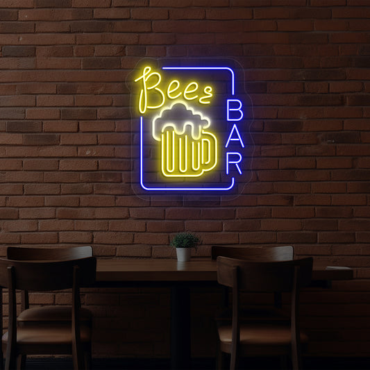 Image of a beer pub glass neon sign glowing on wall in blue color.