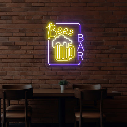 Image of a beer pub glass neon sign glowing on wall in purple color.