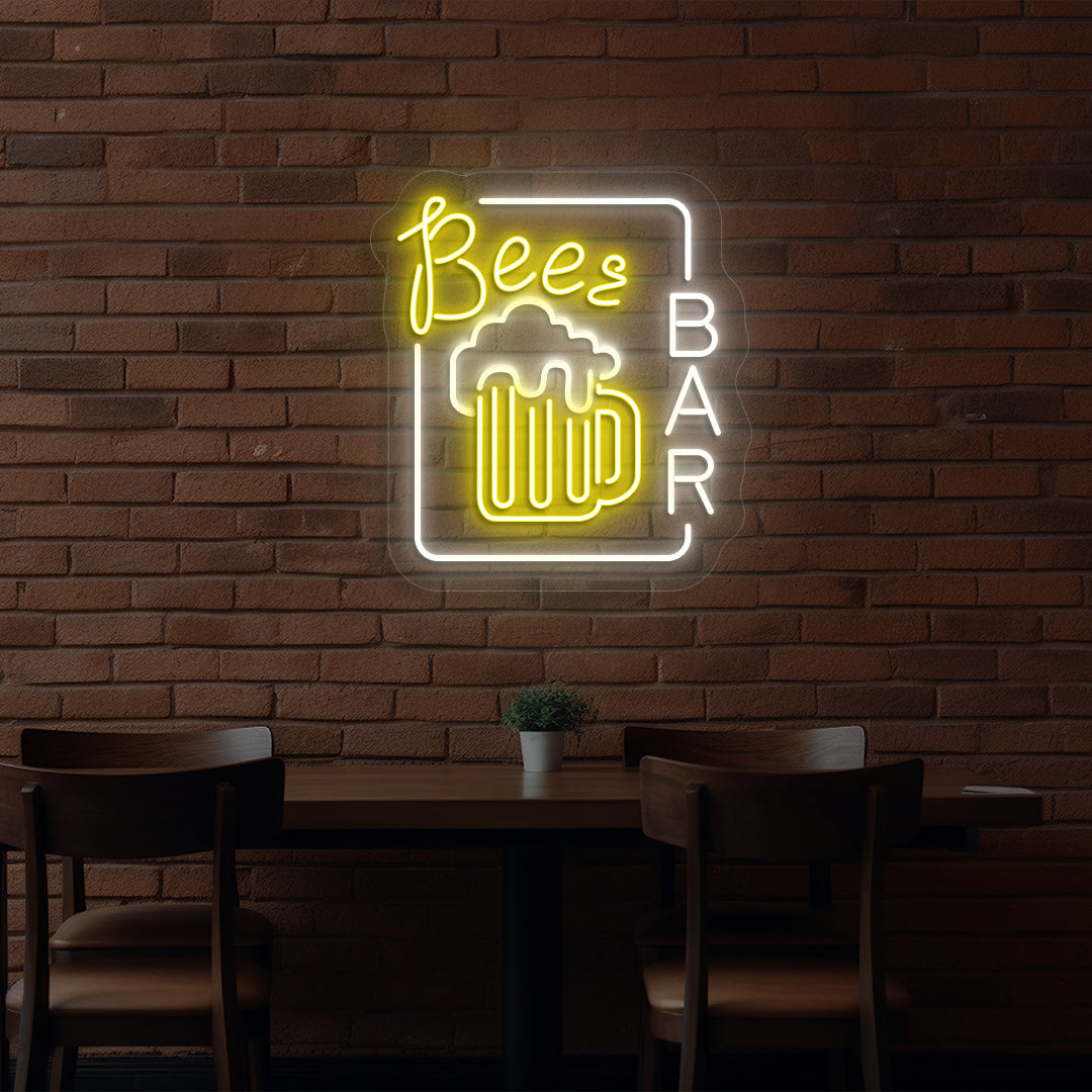 Image of a beer pub glass neon sign glowing on wall in white color.