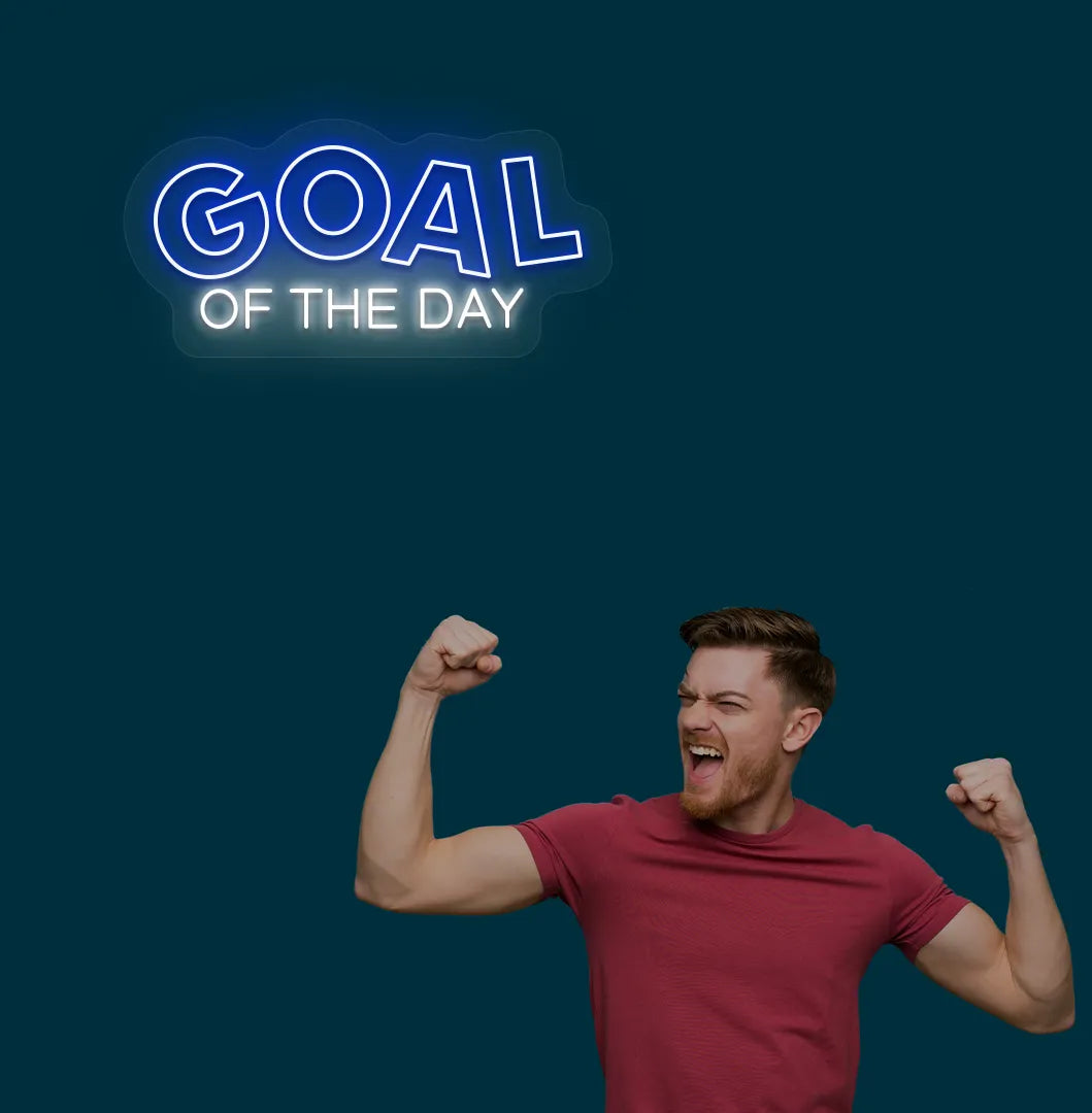 Image of a modern sports wall decor with goal of the day neon sign glowing blue.