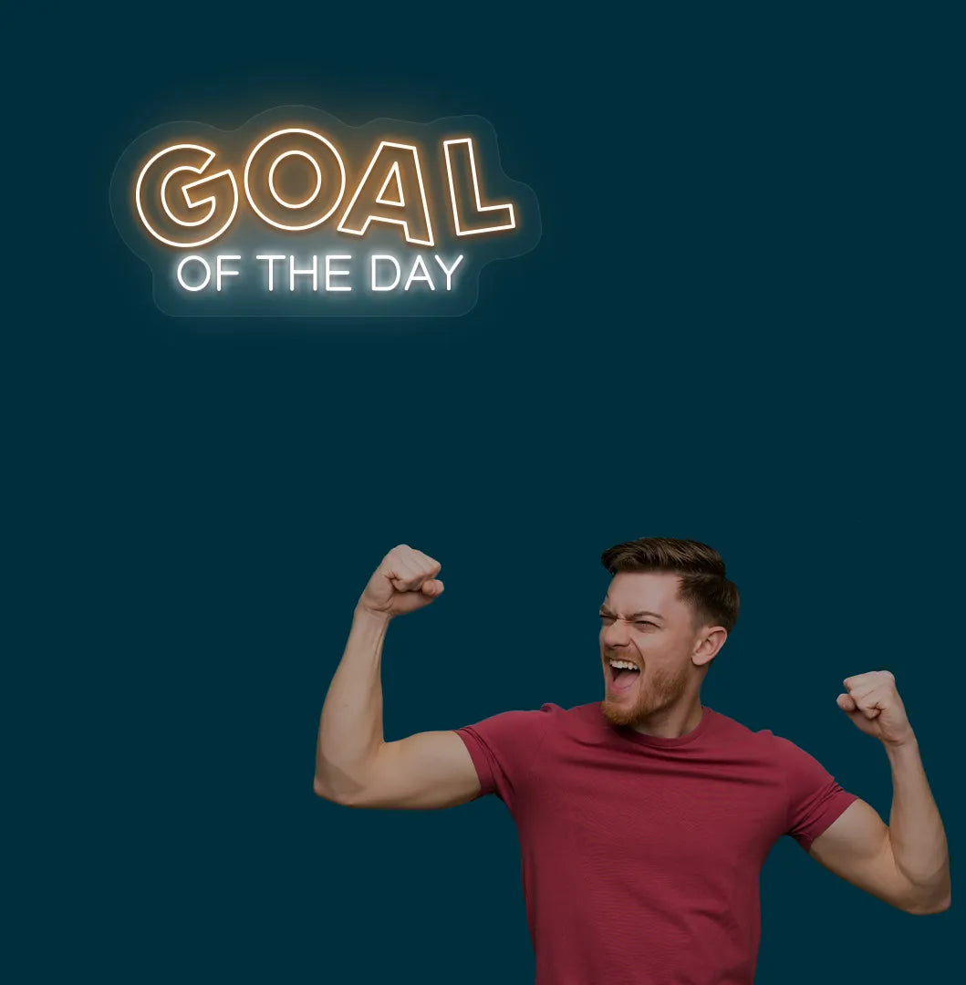 Trendy football quote neon sign mounted on aesthetic room wall in orange color.