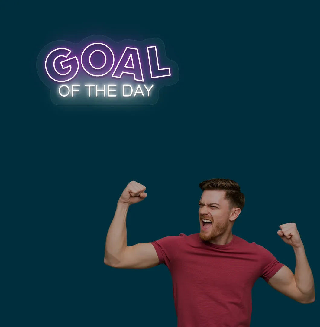 Trendy football quote neon sign mounted on aesthetic room wall in purple color.