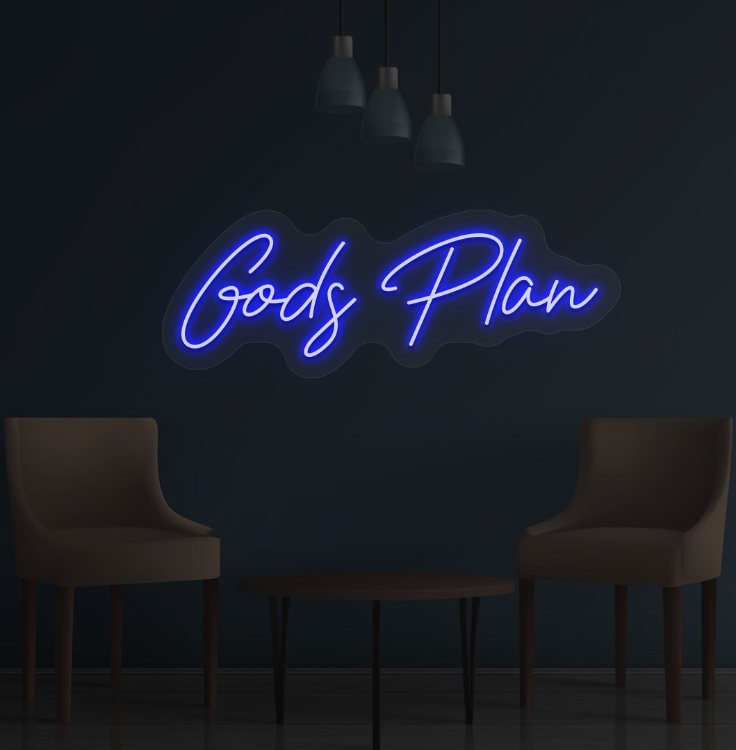 Image of an inspirational Gods Plan LED neon sign glowing on wall in blue color.