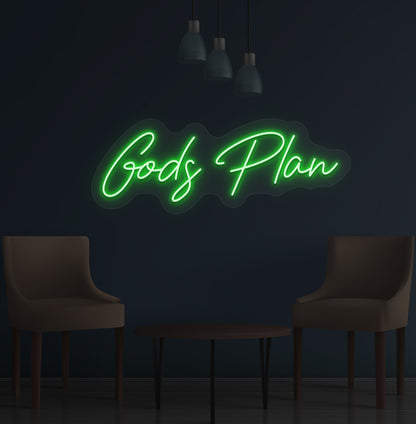Stylish green LED God's Plan neon sign mounted on wall. Perfect for bedrooms, meditation spaces, offices, and inspirational setups.