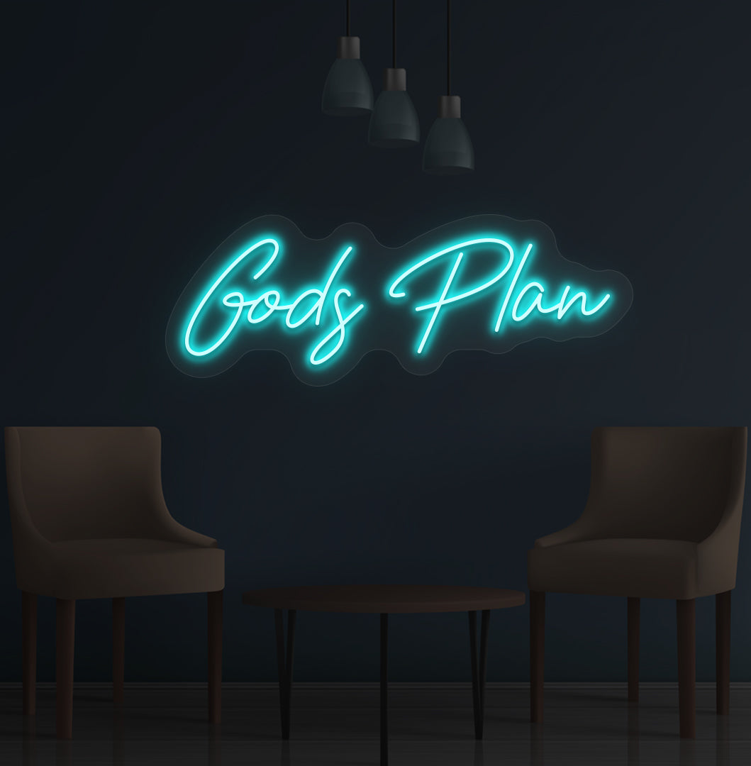 Image of an inspirational "God's Plan" LED neon sign glowing on a wall in ice blue color.