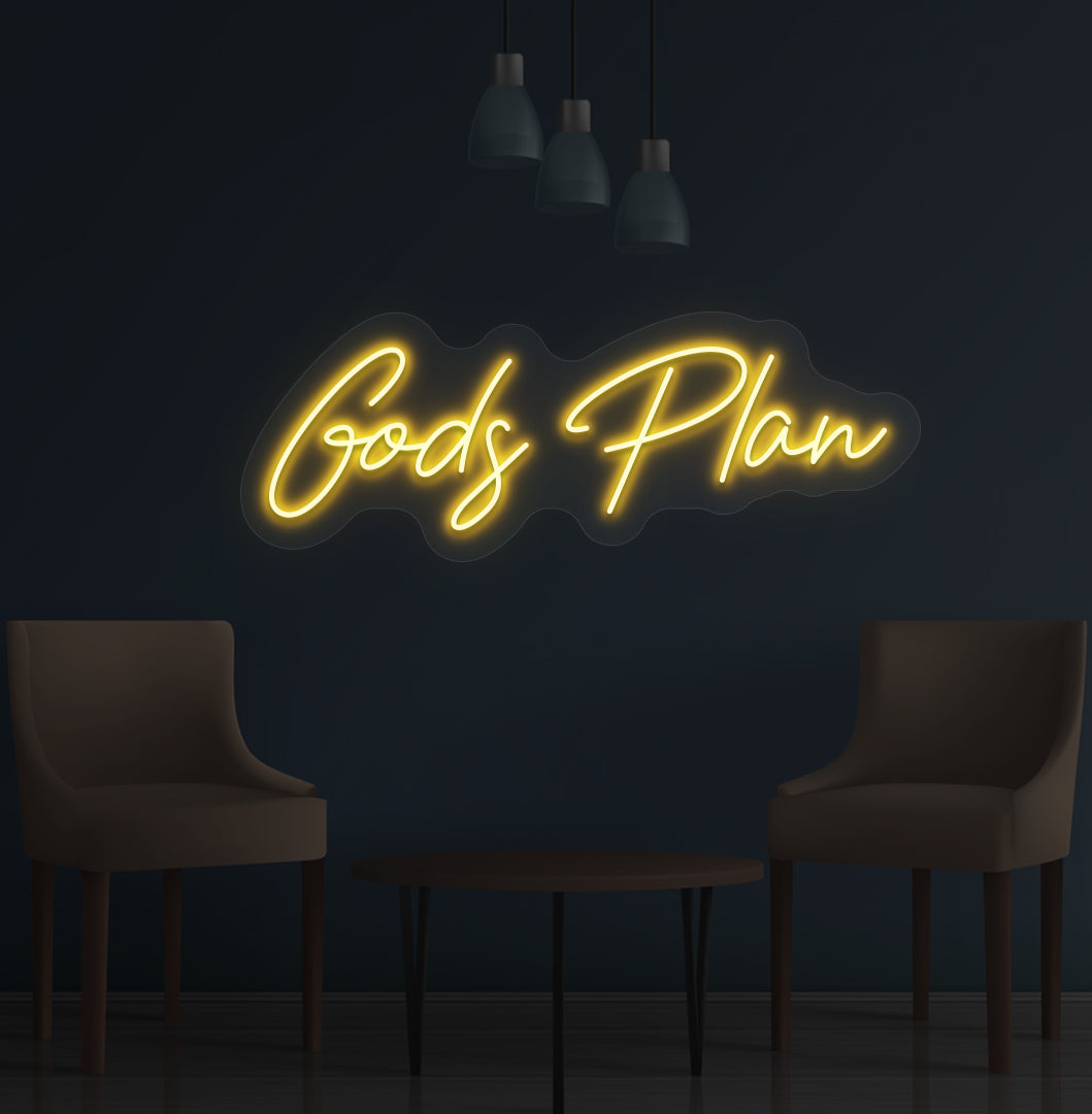 Stylish orange LED God's Plan neon sign mounted on wall. Perfect for bedrooms, meditation spaces, offices, and inspirational setups.
