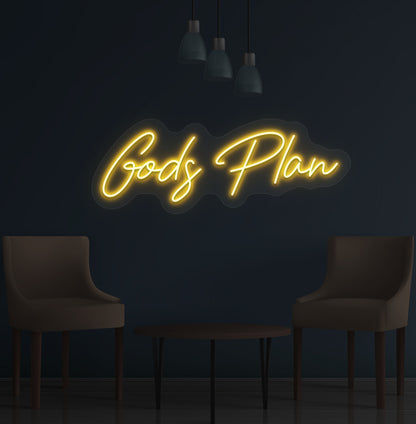 Stylish orange LED God's Plan neon sign mounted on wall. Perfect for bedrooms, meditation spaces, offices, and inspirational setups.