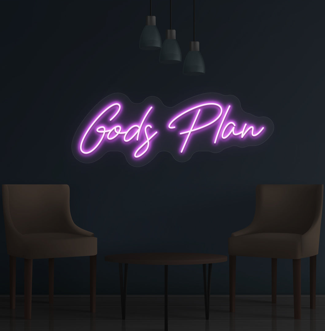Stylish purple LED God's Plan neon sign mounted on wall. Perfect for bedrooms, meditation spaces, offices, and inspirational setups.