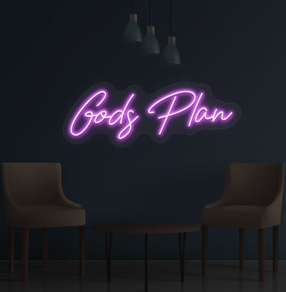 Stylish purple LED God's Plan neon sign mounted on wall. Perfect for bedrooms, meditation spaces, offices, and inspirational setups.