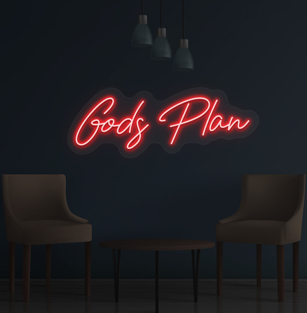 Image of an inspirational "God's Plan" LED neon sign glowing on a wall in red color.