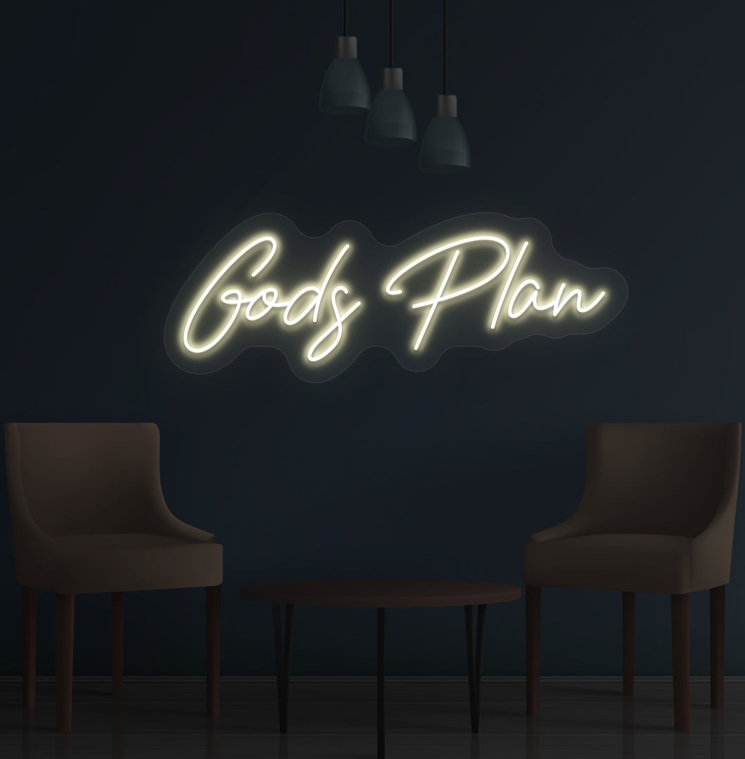 Stylish warm white LED God's Plan neon sign mounted on wall. Perfect for bedrooms, meditation spaces, offices, and inspirational setups.
