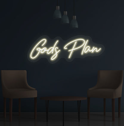 Stylish warm white LED God's Plan neon sign mounted on wall. Perfect for bedrooms, meditation spaces, offices, and inspirational setups.