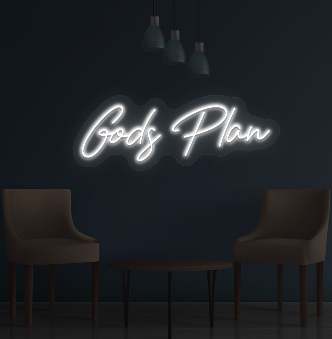 Image of an inspirational "God's Plan" LED neon sign glowing on a wall in white color.