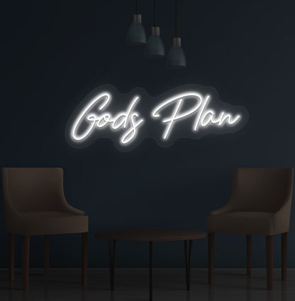 Image of an inspirational "God's Plan" LED neon sign glowing on a wall in white color.