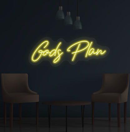 Stylish yellow LED God's Plan neon sign mounted on wall. Perfect for bedrooms, meditation spaces, offices, and inspirational setups.