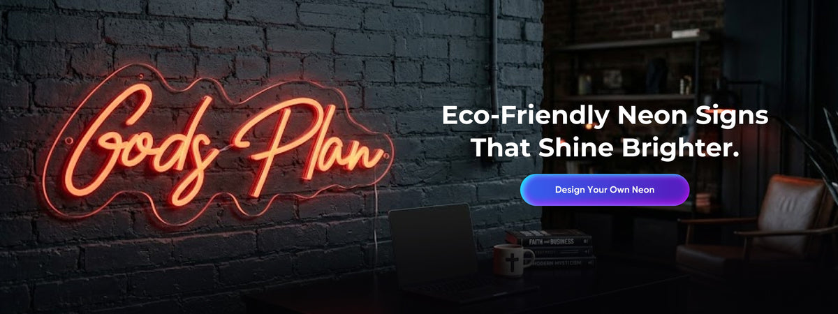 An image showing Gods plan personalized neon sign hanging on a wall behind work desk