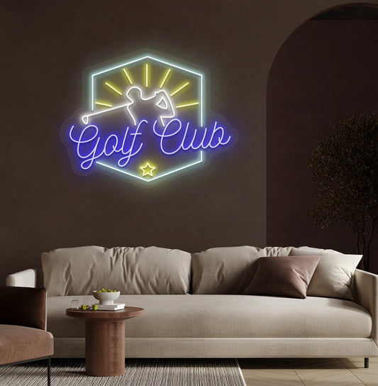 Modern wall decor with golf club neon sign glowing blue.