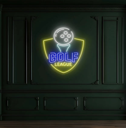 Modern wall decor with golf league neon sign glowing blue.