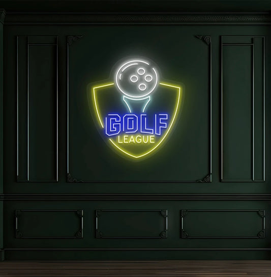 Modern wall decor with golf league neon sign glowing blue.