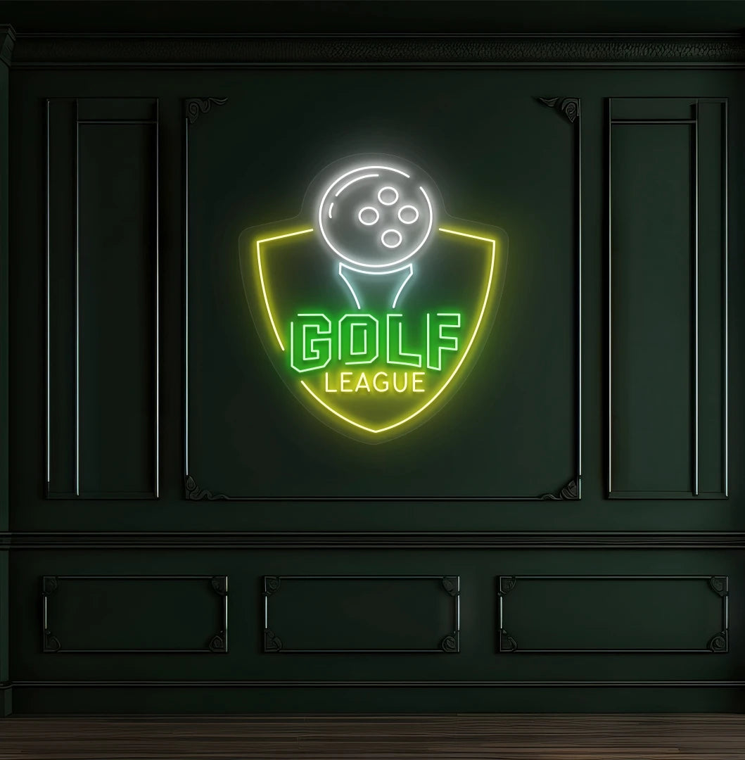 Premium "golf league" neon sign in green mounted on wall.