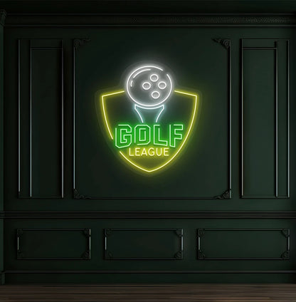 Premium "golf league" neon sign in green mounted on wall.