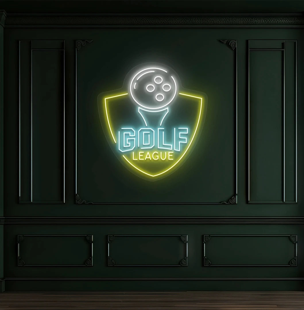 Modern wall decor with golf league neon sign glowing ice blue.
