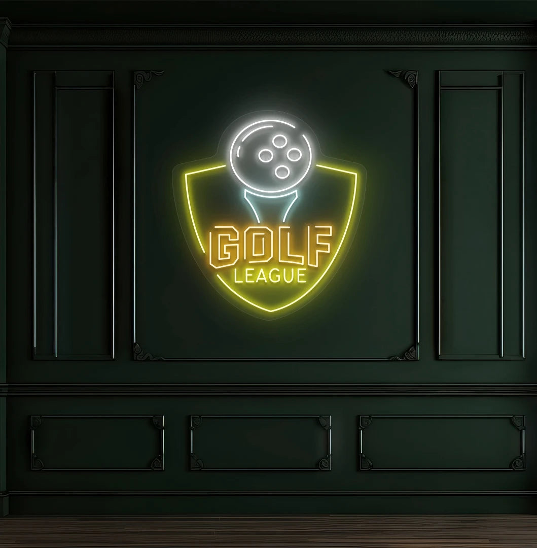 Premium "golf league" neon sign in orange mounted on wall.