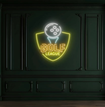 Premium "golf league" neon sign in orange mounted on wall.