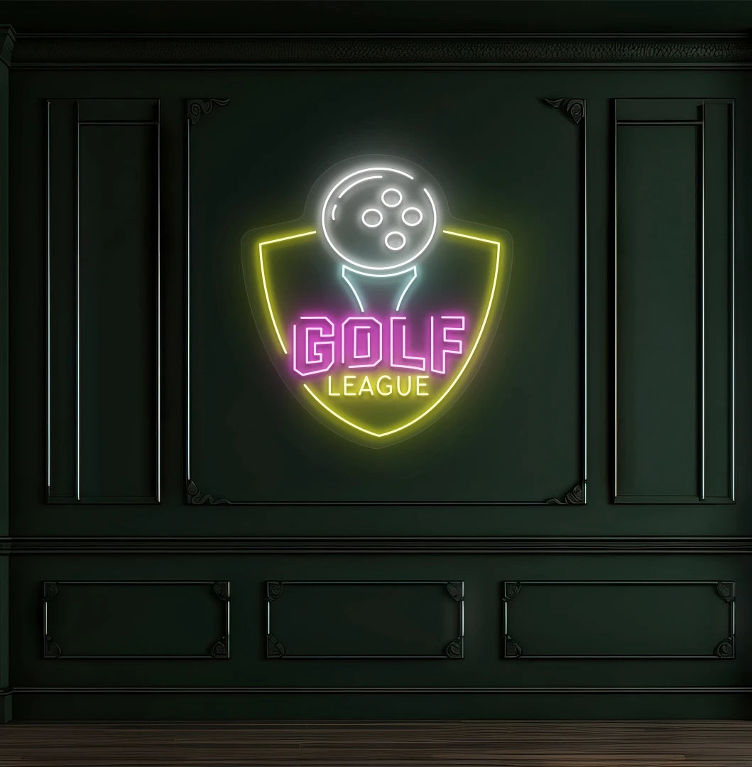 Modern wall decor with golf league neon sign glowing pink.