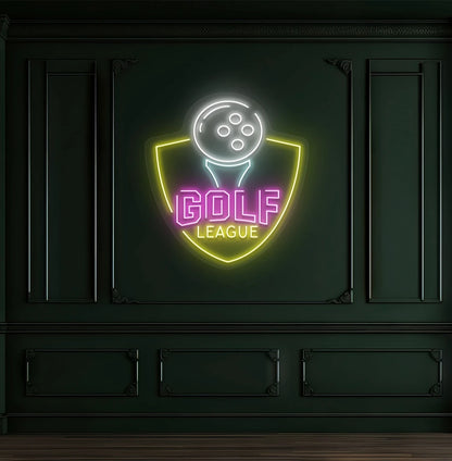 Modern wall decor with golf league neon sign glowing pink.