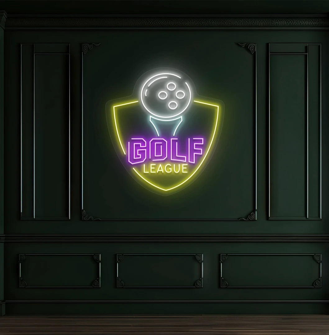 Premium "golf league" neon sign in purple mounted on wall.